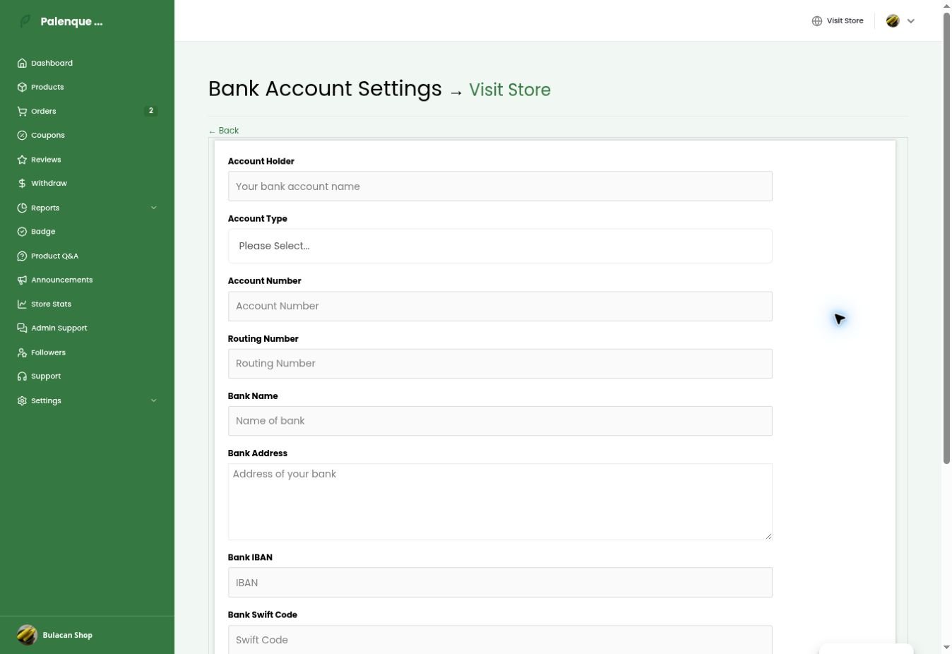 Bank account settings example