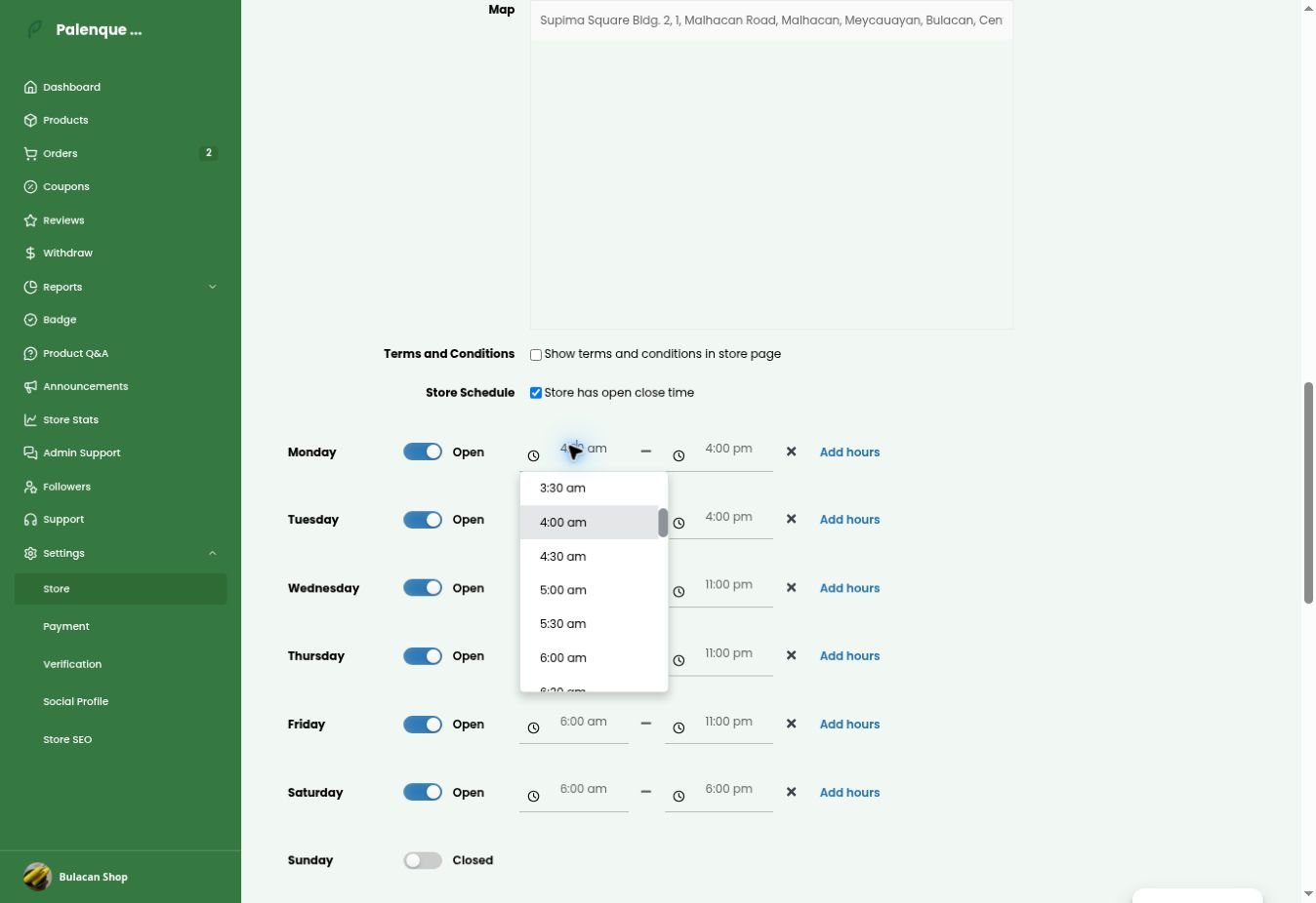 Vendor operating hours example