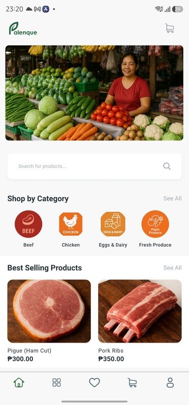 Preview of the Palenque customer app, showing fresh-market categories and products